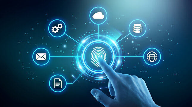 Hand touching a glowing fingerprint scanner accesses a connected cloud data network.