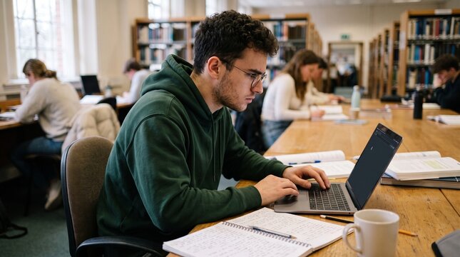Young man focused on laptop in library surrounded by books and other students studying