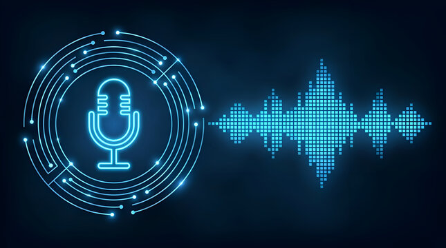 Microphone icon paired with a digital sound wave visualizer displays voice recognition tech.