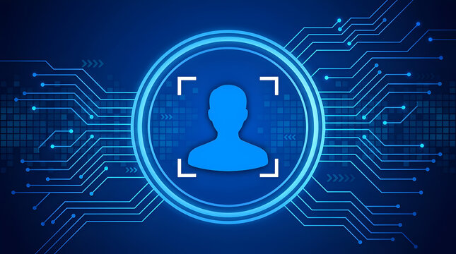 User profile icon with facial recognition frame stands on a digital circuit background.