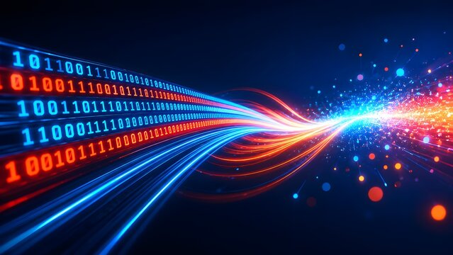 Glowing binary code stream flowing dynamically in dark space. Concept of digital transformation and high speed data transfer.