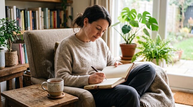Woman sitting in armchair writing in journal with cup of tea and plants in cozy home setting