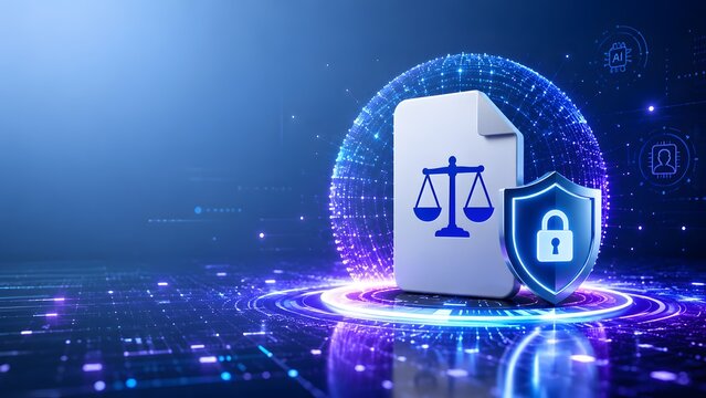 Digital document with scales of justice and security shield on a high tech network background. Concept of legal compliance and cyber security data protection.