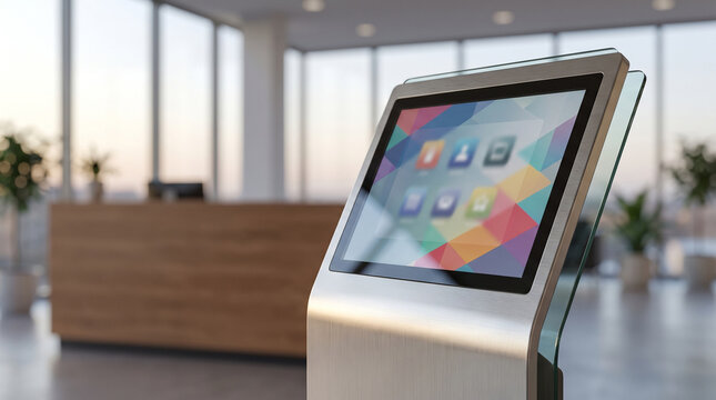Modern digital kiosk in a bright office lobby with large windows.