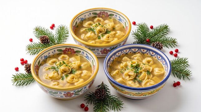 Three bowls of tortellini in broth arranged with Christmas fir branches isolated on white background