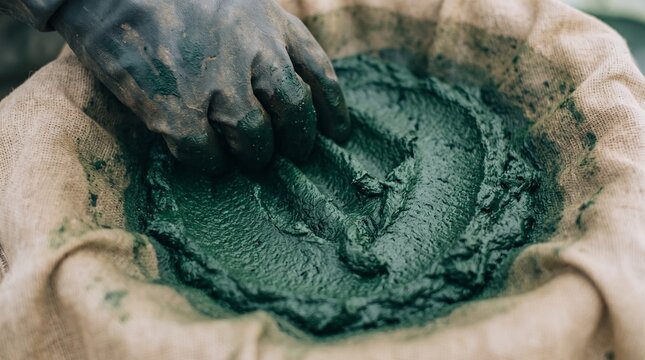 Worker hand pressing raw green spirulina algae paste in a filter cloth