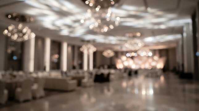 Elegant interior of a banquet hall with decorative chandeliers and soft lighting, creating a sophisticated atmosphere for events and celebrations.
