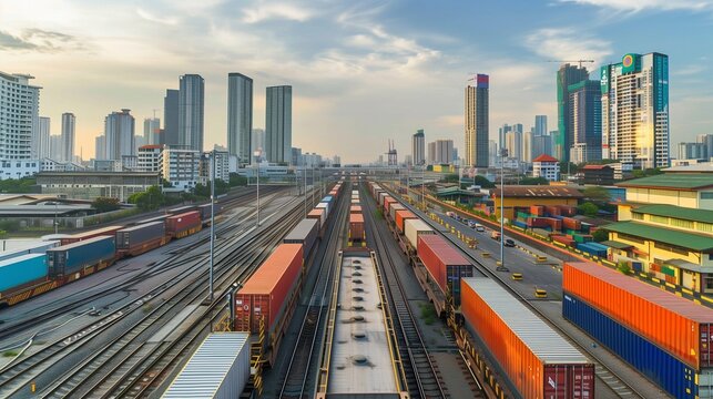 Industrial zone with container train and modern skyline background.