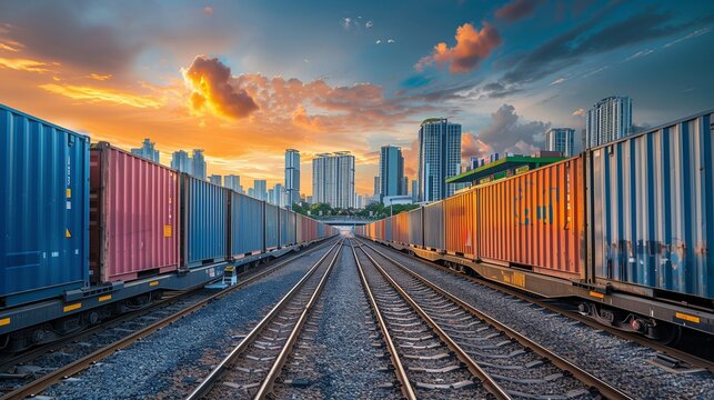 Industrial zone with container train and modern skyline background.