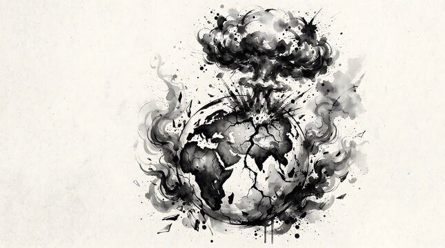 Black and white ink wash illustration featuring exploding globe with mushroom cloud environmental theme.