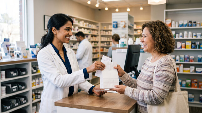 Pharmacist hands prescription bag to smiling customer at pharmacy counter with shelves of medicine