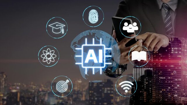 Modern Businessman Holding Smartphone Surrounded by Artificial Intelligence Icons Against Urban Skyline Background at Night. Entropy.