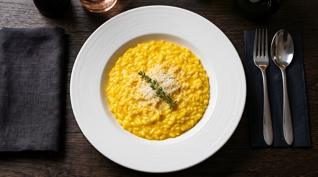 Overhead shot of luxurious creamy Italian saffron risotto alla Milanese