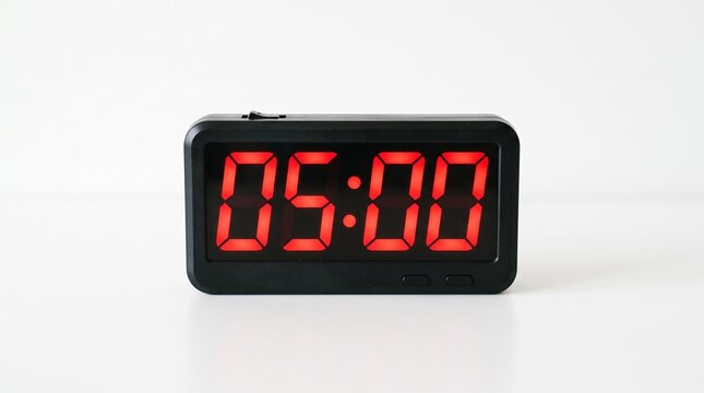 Digital Alarm Clock Displaying 05:00 With Red LED Numbers On White Background