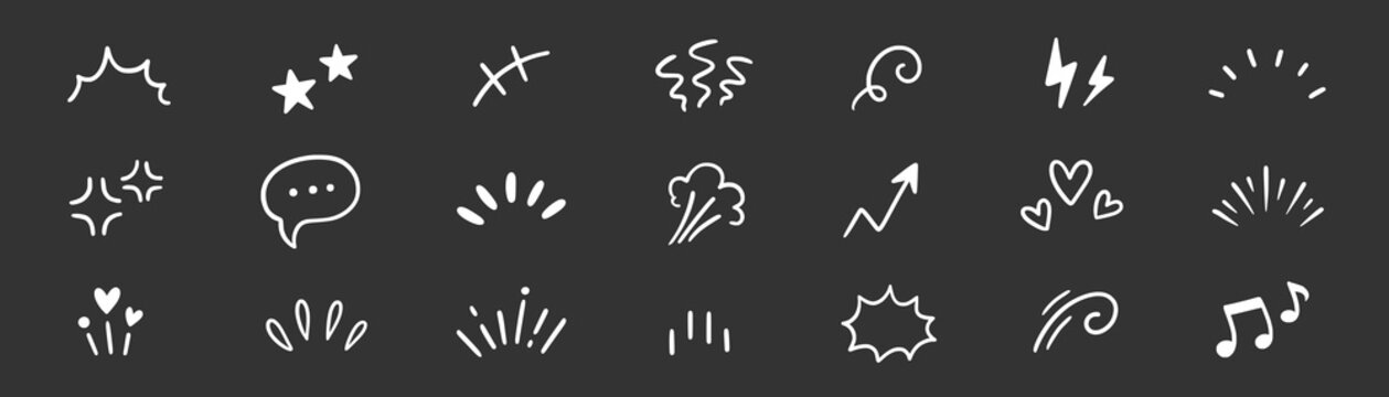 Effect comic cartoon line set. Hand drawn comic effect cartoon icon with emotion angry manga doodle. Dizzy question emoji shock lightning scribble on chalkboard. Vector