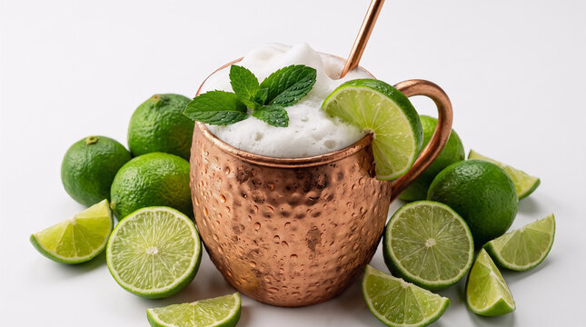 Moscow Mule cocktail in copper mug with fresh lime and mint garnish on white background