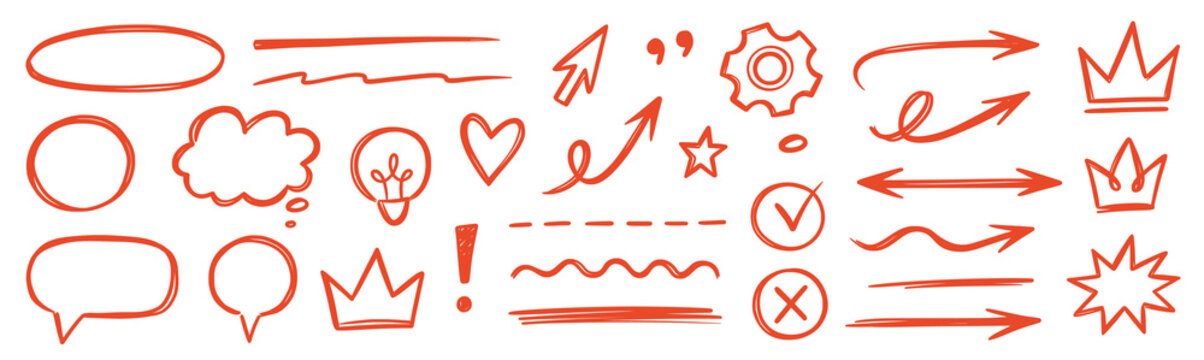 Arrow line icon hand drawn set. Hand drawn arrow line icon sketch red marker brush sign highlight circle. Check mark heart swirl balloon cursor business element background. Vector