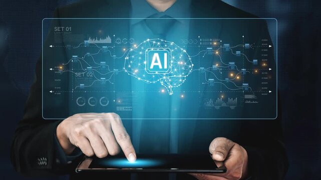 AI neural network and data processing system visualizing artificial intelligence with brain structure, chip, and connected data blocks for computation and learning Marrow