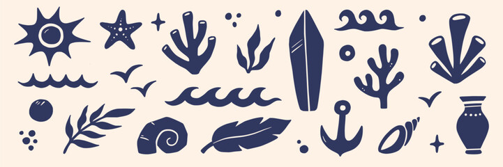 Obraz premium Icon summer abstract sea set. Hand drawn icon summer abstract sea beach wave sun mediterranean palm. Boho coral shell tropical vacation ocean travel vintage pattern. Vector