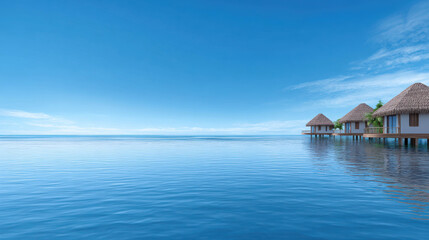 Fototapeta premium Beautiful bungalows on stilts in the middle of a tranquil blue ocean, with a clear sky above