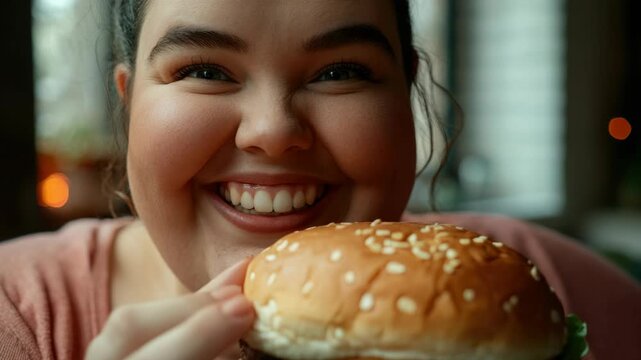 The shows a joyful woman about to take a bite out of a mouthwatering burger.