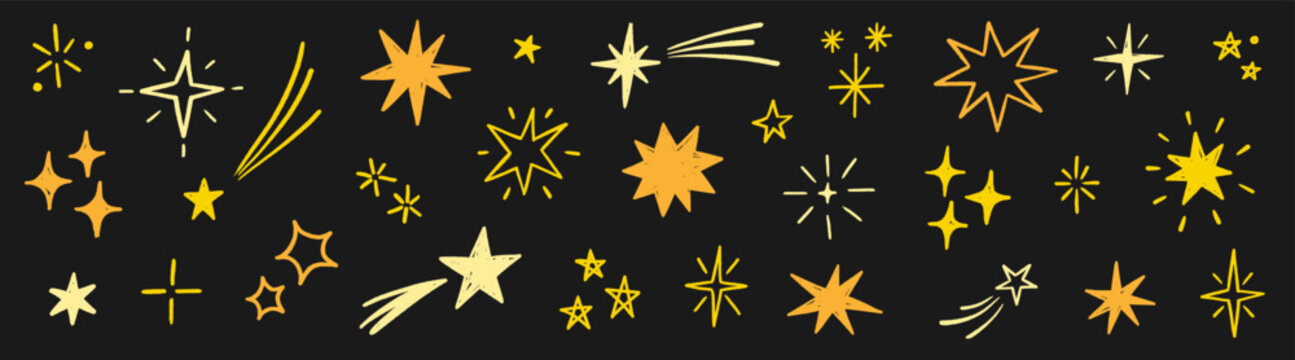 Star hand crayon icon set. Hand drawn star hand crayon icon sketch line brush sparkle pattern. Cute moon sun magic twinkle glitter blackboard texture background. Vector