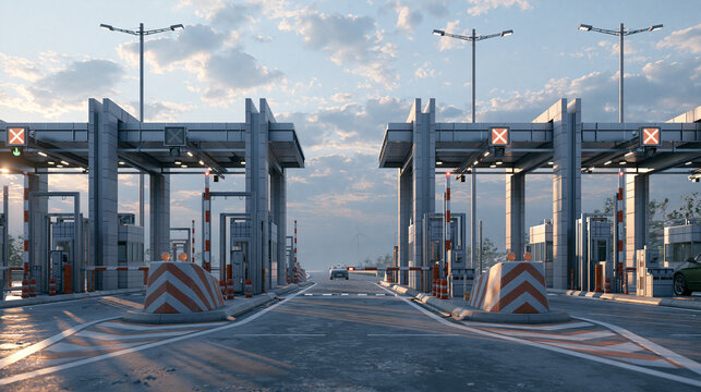 A wide-angle photograph of a modern concrete highway toll plaza with multiple booths, barriers, and electronic checkpoints under a cloudy morning sky.