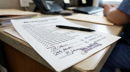 Fototapeta premium Mass Casualty Preparation Checklist Reviewed and Signed Off after a Completed Hospital-wide Drill