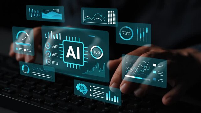 Futuristic digital interface with AI metrics and data analytics concepts displayed over hands typing on a keyboard in a dark environment Gluon.
