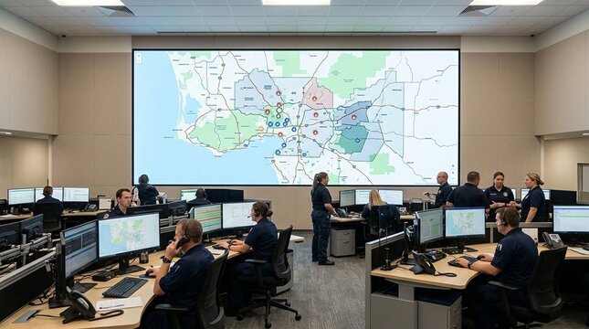 Emergency Command Center with a Wall-mounted Map Tracking Incident Zones Across the Region