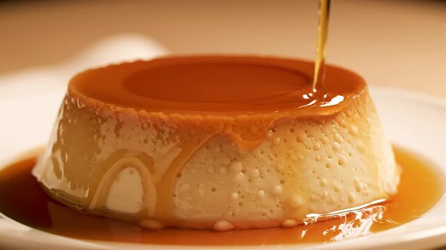 A classic Brazilian caramel flan (pudim de leite) served on a white ceramic plate against a warm neutral background. Golden caramel sauce being poured on top in a close up shot