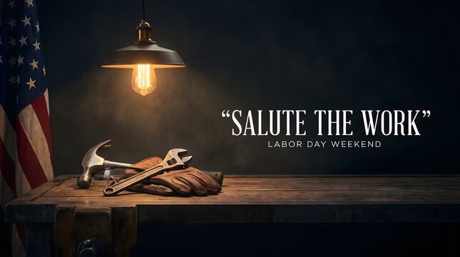 Labor Day background with tools on wooden workbench, patriotic American flag with industrial lamp, Salute the Work holiday banner
