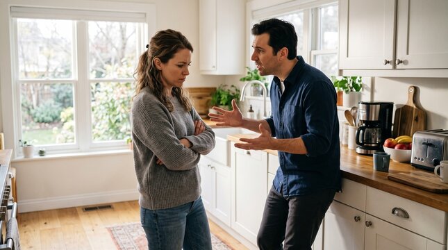 A woman stands with her arms crossed, listening to her husband's emotional reproaches in the kitchen, expressing her detachment and resentment.