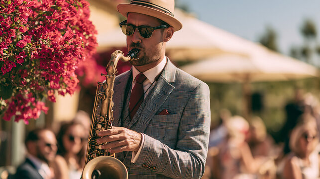 A photograph of a stylish man wearing a light suit, hat, and sunglasses, playing the saxophone at an outdoor summer event or garden party celebration.