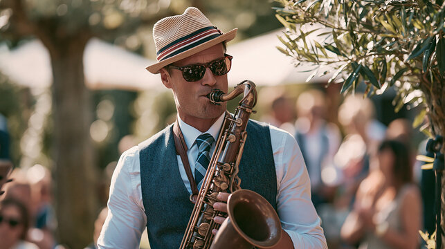 A photograph of a stylish man wearing a light suit, hat, and sunglasses, playing the saxophone at an outdoor summer event or garden party celebration.
