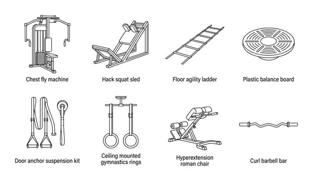 Chest fly machine hack squat sled floor agility ladder balance board.