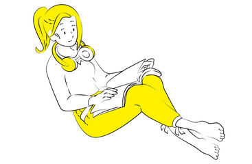 ヘッドホンをつけて読書するリラックス女性のイラスト