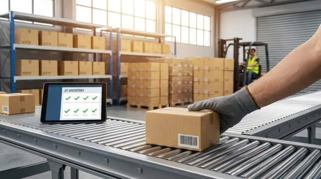 Worker managing jit inventory on conveyor belt with tablet in modern warehouse