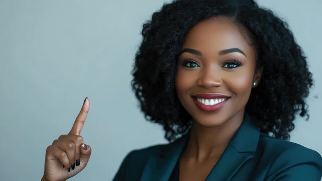 A young professional African American woman with curly hair smiling and making a point with her right hand. She is wearing a black blazer and is set against a neutral background.