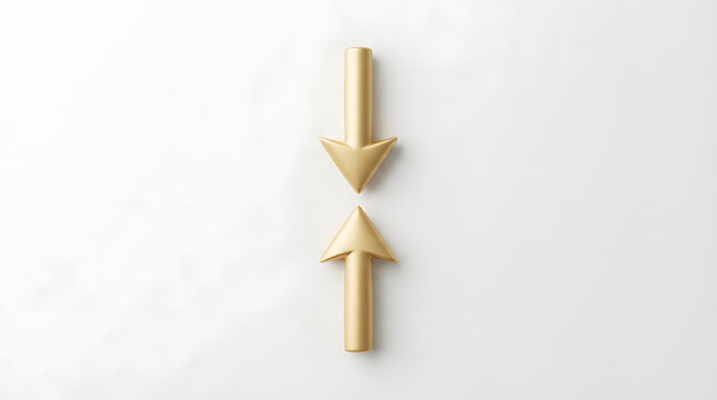 Golden metallic arrows point toward center on neutral textured wall representing compression and convergence.