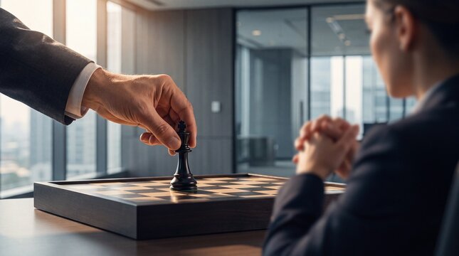 Executive moving a chess piece in a corporate office, symbolizing nominee control, hidden ownership, business strategy, power, influence and corporate governance.