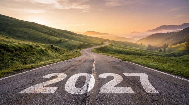 2027 new year concept on a winding road through green mountains at sunrise, symbolizing future journey, new beginnings, goals, opportunity, success, progress, travel, and forward direction.