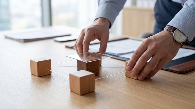 Business executive arranging connected wooden blocks, symbolizing nominee shareholders, hidden ownership, corporate structure, beneficial owners and business control.