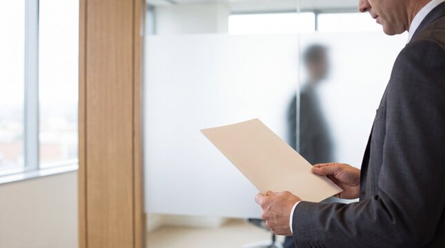 Business executive reviewing confidential documents with a blurred figure behind glass, representing nominee shareholder, hidden ownership, compliance and corporate investigation.