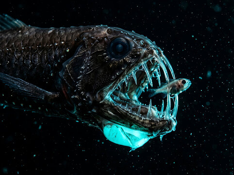 Deep-sea dragonfish catching prey in the dark ocean depths with glowing bioluminescence.