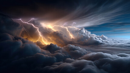 Fototapeta premium A dramatic lightning storm illuminates the dark sky, with bright flashes of light piercing through ominous clouds. The turbulent atmosphere suggests powerful natural forces at play.