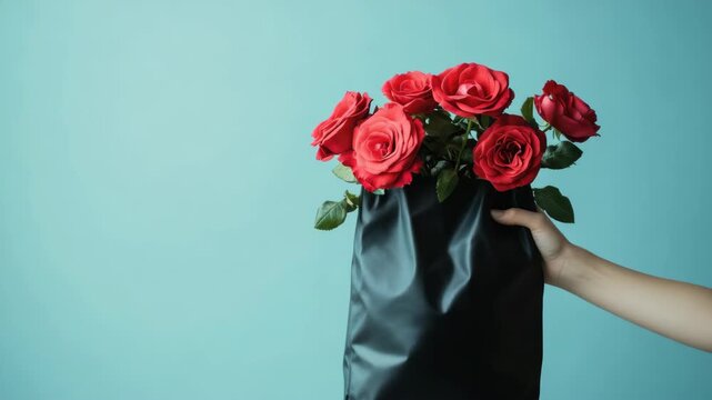 A person's hand gently holding a bouquet of red roses, which are placed in a black bag. The background is a muted blue, which provides a nice contrast to the vibrant red of the roses.