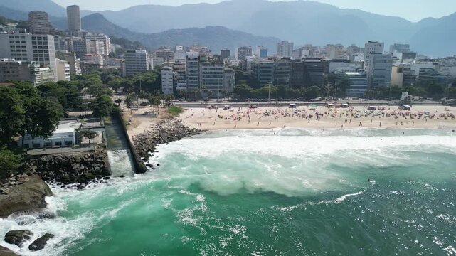 Close-up aerial view of Leblon beach and Jardim de Alah channel in Rio de Janeiro