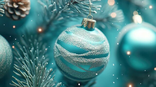 A festive blue bauble ornament on a Christmas tree