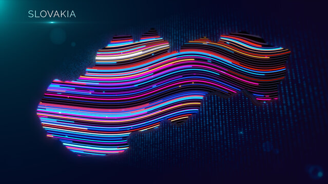 Stylized Slovakia map featuring luminous multicolor waves, deep blue particle grid, dimensional extrusion, and Slovakia text for a futuristic digital technology composition.